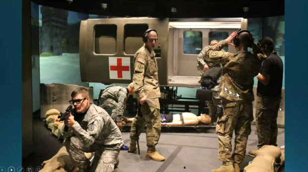 Synthetic military training simulation with helicopter and more