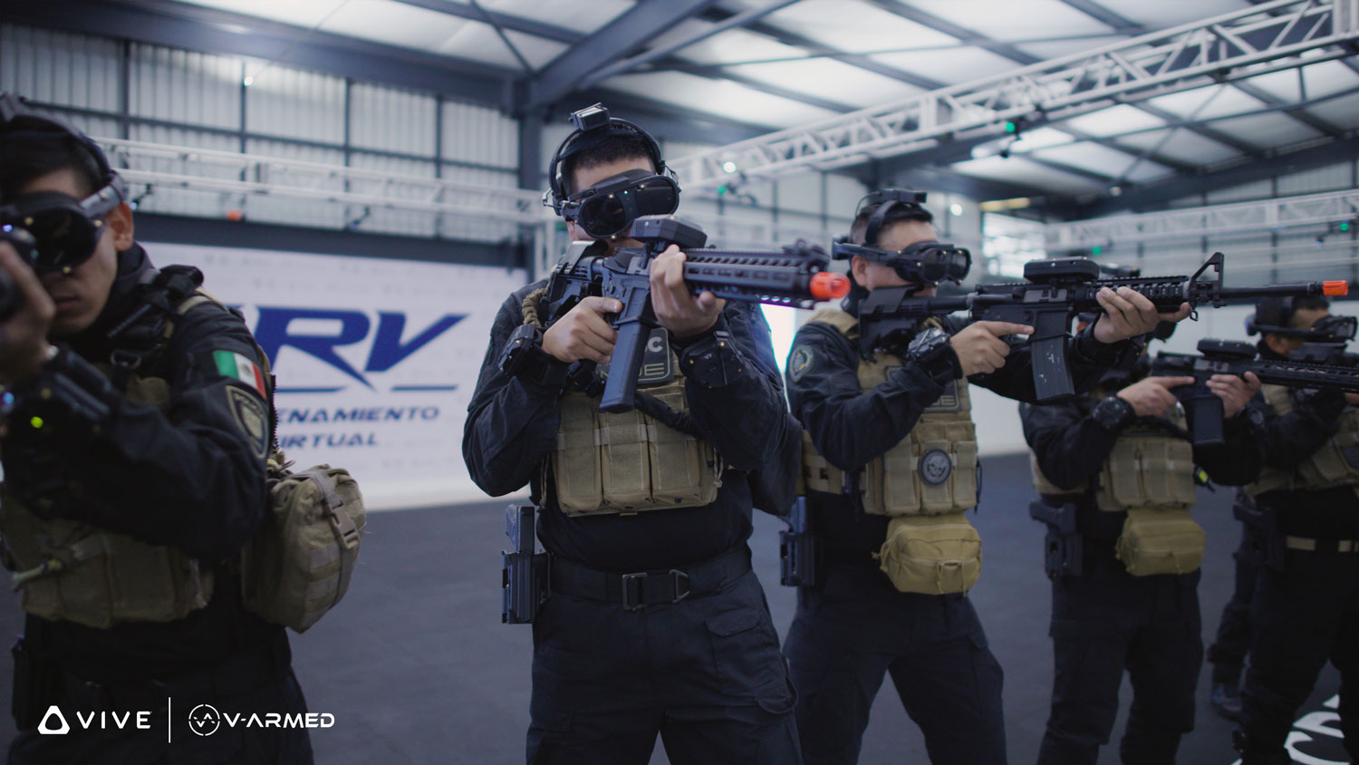 VR training for military - armed soldiers in uniformed holding prop guns for training and wearing vr headsets