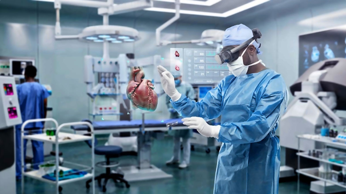 Doctor with HMD looking at a heart virtually