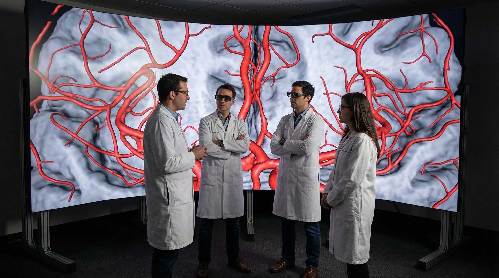 Doctors stand in front of a large immersive, seamless screen with a brain scan image on the screen