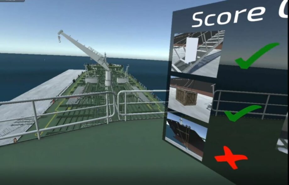 screenshot of virtual reality training for ship operations with scorecard learning management