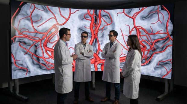 Medical professionals discussing findings in front of a powerwall with blood vessels in the brain on display
